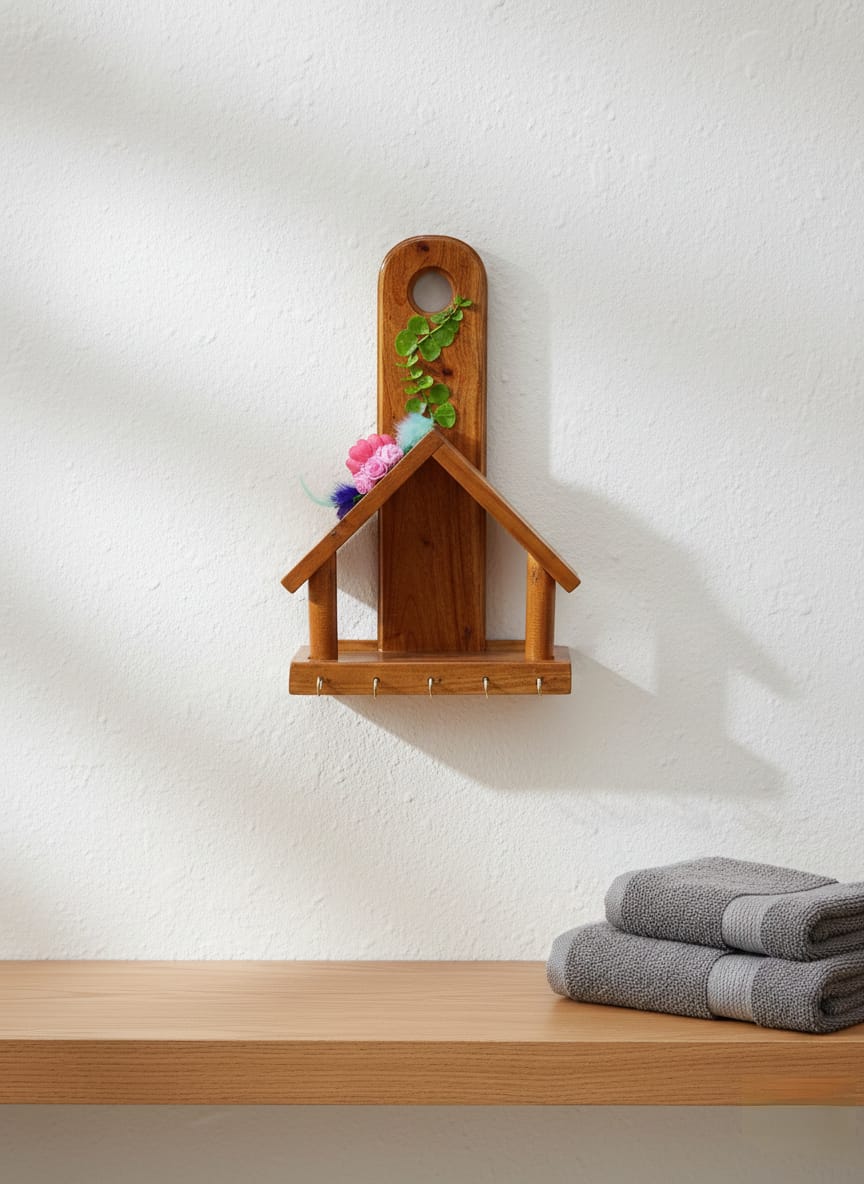 Wood Home Key Holder Decor | Natural Wooden Wall Organizer